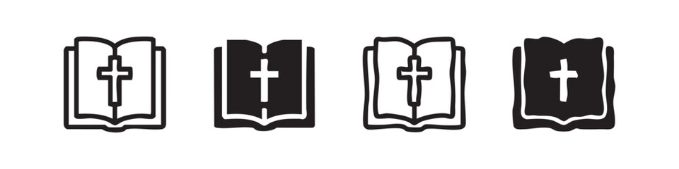 Fototapeta premium Holy Bible open book with cross religious icons hand drawn doodle set