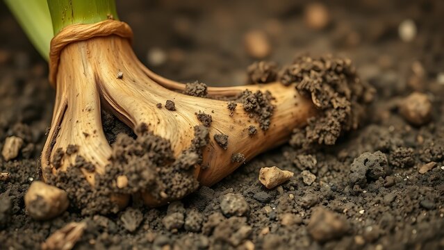 kava. Close-up of a kava plant root with rough textured surface and fresh soil in natural earthy tones. gardening catalogs, home-decor guides, designed for home decor and floral branding.