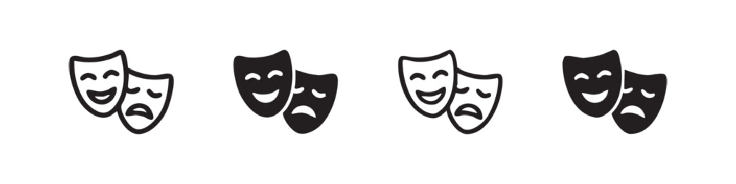 Comedy and tragedy theater masks icons hand drawn doodle set