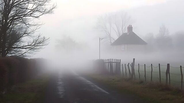 enthalpy. Misty country lane leading to a distant stone cottage. lifestyle magazines, social media lookbooks, designed for influencer and brand collaborations, used by SEO specialists.