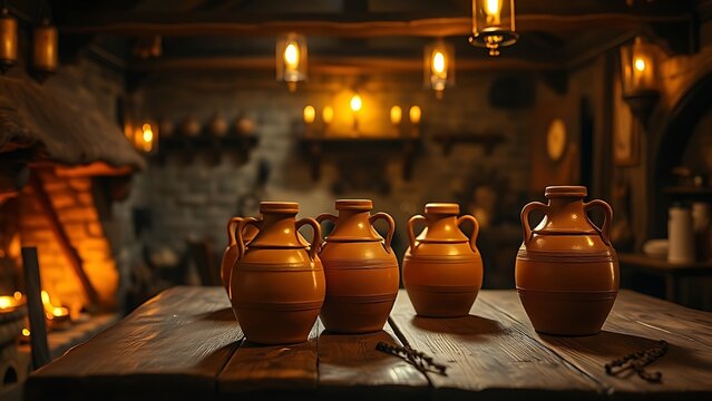 flagons. Medieval-style tavern interior with firelight glowing on terracotta flagons of ale. bar promotions, beverage menus, designed for food & beverage menus and cafe branding.
