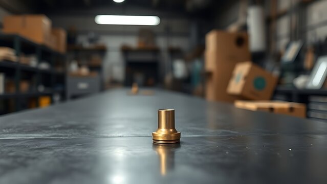 impeller. A single bronze impeller component isolated on a dark workshop table. safety posters, maintenance manuals, designed for precision metalworking and fabrication facilities, used by engineers.