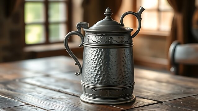 flagon. Medieval pewter flagon with hammered texture on rustic wooden tavern table. bar promotions, beverage menus, designed for food & beverage menus and cafe branding, used by project managers.