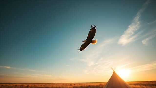 mephistopheles. Bald eagle flying over prairie with tent in distance during golden hour. wildlife magazines, conservation campaigns, designed for wildlife conservation campaigns.