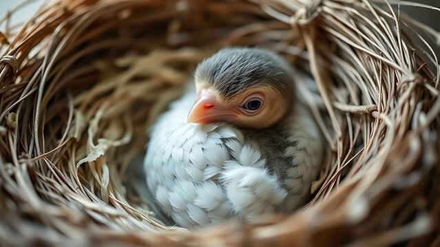 featherless. A featherless newborn hatchling curled in an empty nest, soft natural light. wildlife magazines, conservation campaigns, designed for wildlife conservation campaigns.
