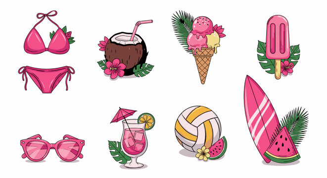 Pink summer vacation flat lay with bikini, ice cream, drinks, surfboard, and sunglasses
