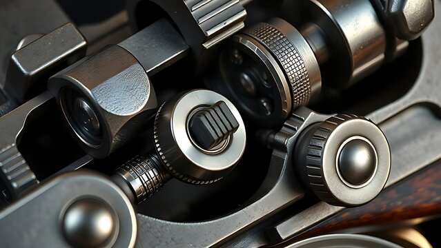 flintlock. Intricate metal parts of a mechanical device in close view. product launch decks, UI/UX mockups, designed for product launches and innovation pitches, used by customer success managers.