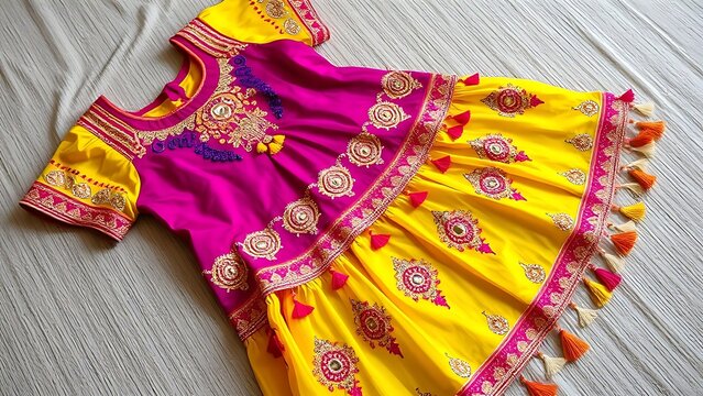 choli. A vibrant traditional dress with intricate mirror work and tassels on fabric. event programs, museum guides, designed for cultural heritage projects and event programs.