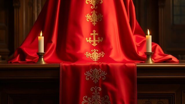 chasuble. A deep red silk chasuble with gold embroidery on a wooden altar in candlelight. event programs, museum guides, designed for cultural heritage projects and event programs.