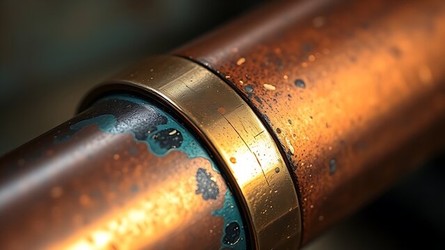 brazed. Close-up of a copper pipe joint with a shiny brazed seam and oxidation. safety posters, maintenance manuals, designed for industrial assembly lines and welding operations, used by engineers.