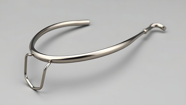 shortcoming. A stainless steel dental facebow isolated on a neutral background. STEM education sheets, lab safety posters, designed for biotech research communications, used by nutritionists.