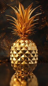 Intricate geometric sculpture resembling a pineapple with golden hues and sharp edges.