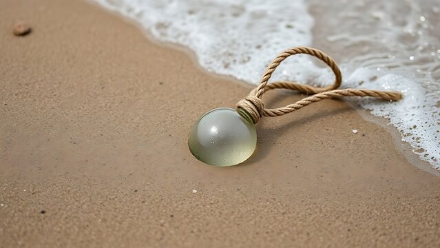 amphibole. A solitary glass fishing float half-buried in wet sand, tangled with old rope, gentle waves nearby. travel magazines, destination branding, designed for travel destination branding.