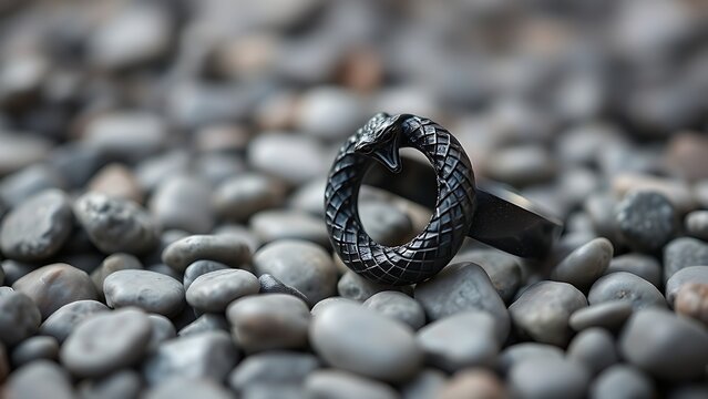 ouroboros. Dark stone Ouroboros serpent ring resting on grey pebbles. event programs, museum guides, designed for cultural heritage projects and event programs, used by ui designers.