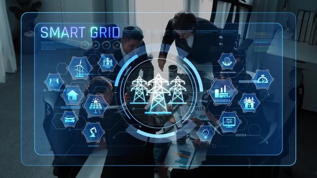 A team collaborates in an office setting, showcasing smart grid technology with digital graphics that represent energy systems and modern power distribution. Raster