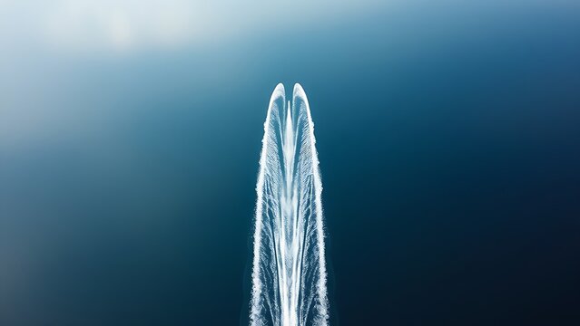 waterskis. Two long, symmetrical white trails on a perfectly calm, reflective lake surface, aerial view. mobility guides, transit brochures, designed for mobility and urban transit guides.