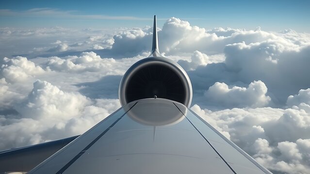 naomi. View from behind a wing, engine nacelle flying through clouds. mobility guides, transit brochures, designed for transport & logistics marketing, used by clinicians.