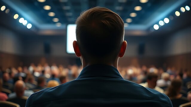 listener. A lone listener in an auditorium, attentively focused under a soft spotlight from above. wellbeing guides, coaching materials, designed for coaching and self-improvement content.