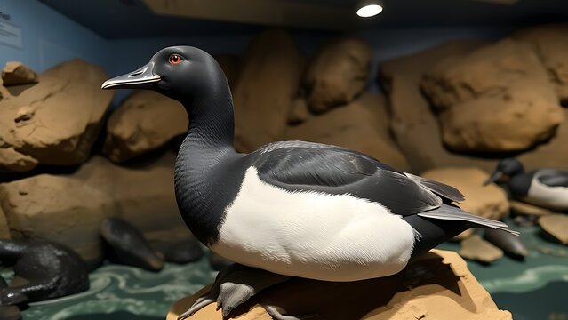 scoter. A black scoter duck taxidermy in a rocky coastline museum diorama habitat. wildlife magazines, conservation campaigns, designed for wildlife conservation campaigns, used by media buyers.