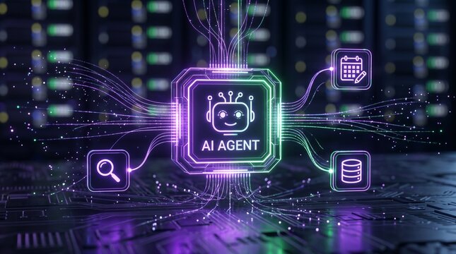 Artificial Intelligence Agent concept with glowing icons representing search, database, calendar, and machine learning, on a futuristic technology background