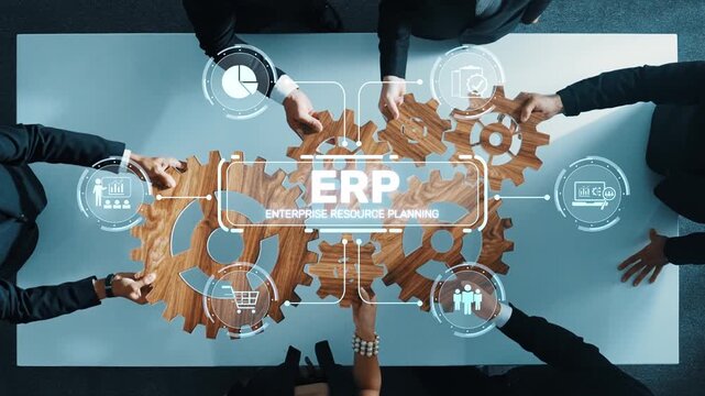 This image showcases a collaborative business meeting where professionals engage in strategy planning using wooden gears and digital icons that represent enterprise resource planning. Raster