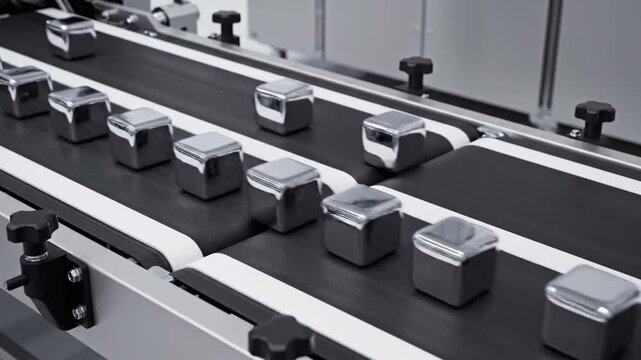 Chrome cubes moving on industrial conveyor belt in factory