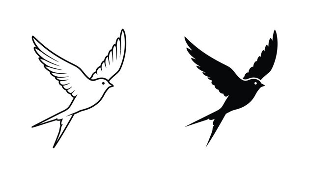 Flying swallow bird silhouette and outline vector illustration set on white background for nature logo or icon design