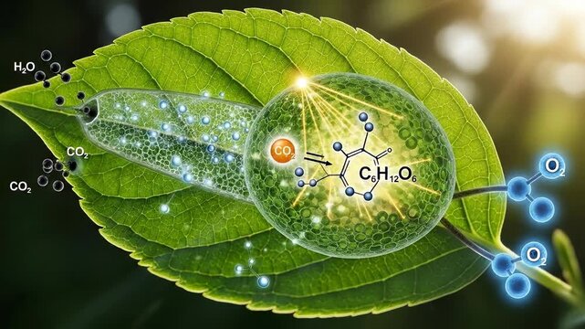 Photosynthesis, transforming solar light, carbon dioxide gas, water molecule, generating oxygen, glucose compound, fundamental biological mechanism, plant cell, chloroplast organelle.