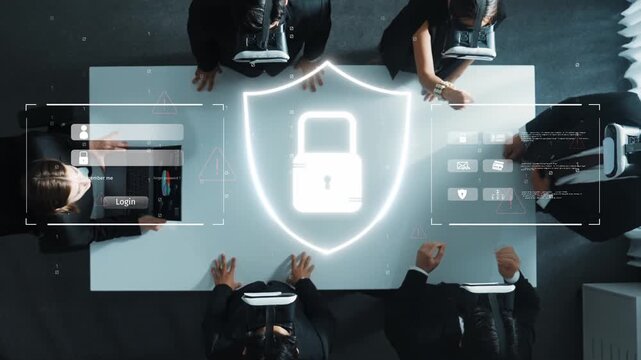 A diverse team engages in a cybersecurity strategy session using virtual reality headsets, symbolizing innovation in data protection and privacy in today corporate landscape. Raster