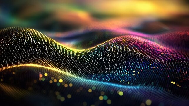 Wave pattern diffraction with laser interference creating three-dimensional particle waves showing colorful light spectrum dispersions across digital surface mesh