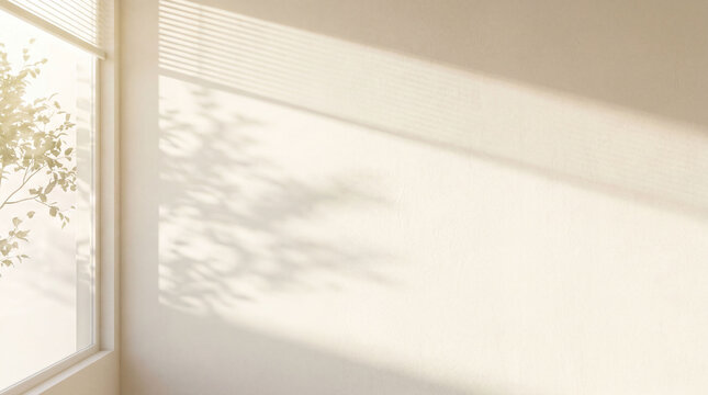 Shadow of tropical plant and window blind on beige wall background