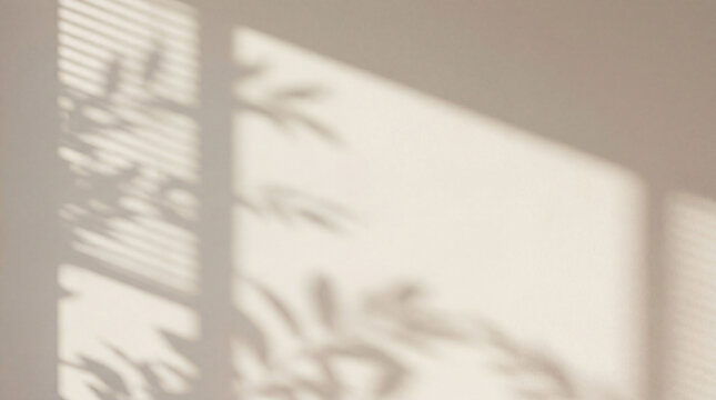 Shadow of tropical plant and window blind on beige wall background