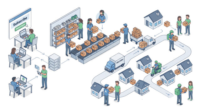 Isometric Subscription-Based E-Commerce Workflow with Delivery System and Human Activity Vector Set &ndash; Clean Minimal Illustration on White Background