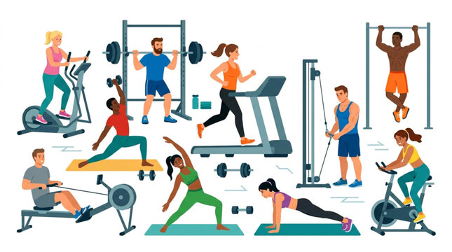 Diverse group of people engaged in various fitness activities at the gym.