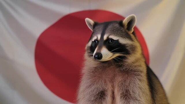 日本国旗の前で愛らしく座るタヌキの温かなスタジオポートレート