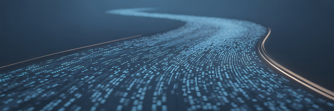 Digital data stream flowing through a futuristic curved pathway with blue binary code on a dark background