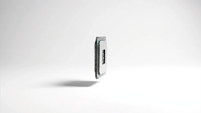 Minimalist modern chip electronic device isolated on a clean white studio background with soft shadows, showcasing its sleek profile and advanced technology