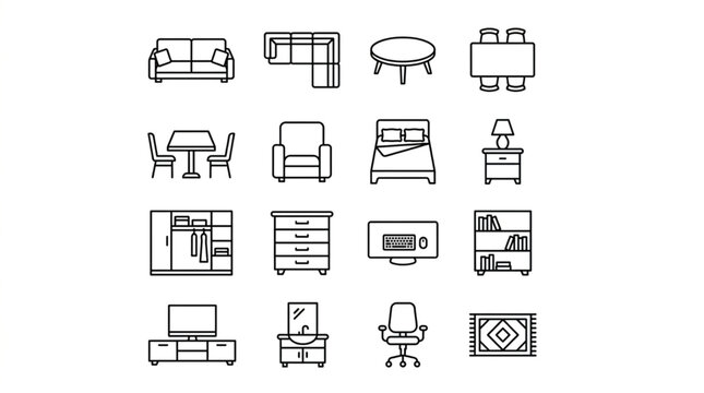 Collection of Furniture Icons Vector Line Art Style.