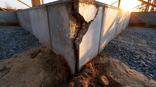 A severe vertical crack in a new concrete house foundation at a construction site, showing structural damage and poor material quality during sunset.