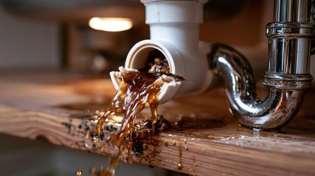 Broken kitchen sink pipe with dirty water leaking onto wooden countertop