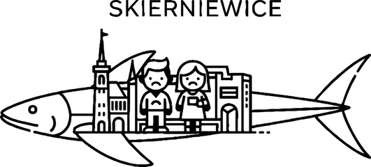 Naklejka premium Town Skyline and People Contained Within a Fish Shape