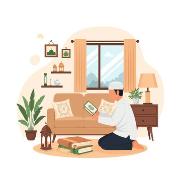 Vector illustration of a young Muslim man wearing a taqiyah sitting on a rug and reading the Quran in a modern living room featuring a sofa, plants, and a window with a mosque view.