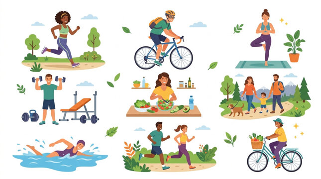 Healthy Lifestyle Activities Diverse People Exercising Outdoors and Indoors.