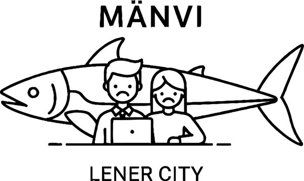 Overworked Couple Working on Laptops with Large Fish Symbol