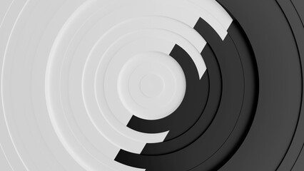 Fototapeta premium Abstract 3D render of a minimalist geometric pattern with concentric circles in black and white. Top-down view of layered rings creating a modern and elegant graphic design background
