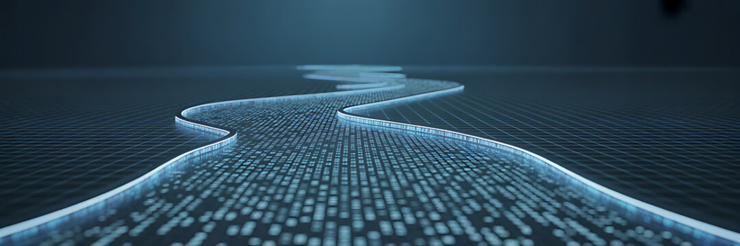 Digital wave of binary code on grid background with glowing blue lines and pixels