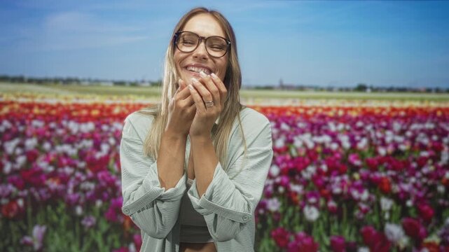 Woman with hands covering mouth laughing, wearing glasses and showing a ring, posed before a tulip field backdrop in a studio; joyful surprise.