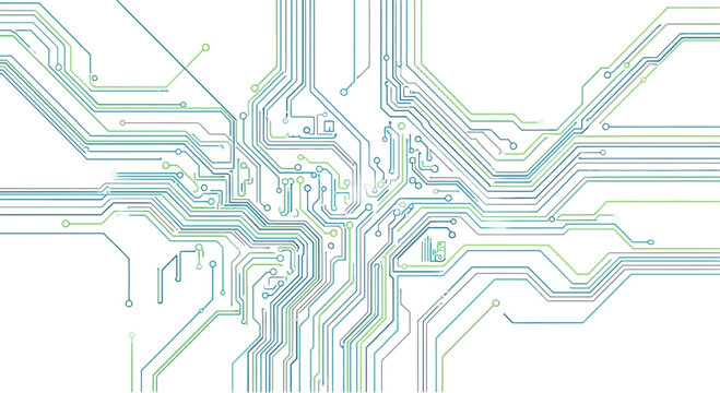 Circuit board design, electronic background, tech illustration, green blue lines