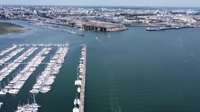 Aerial drone view of Lorient marina and submarine base France