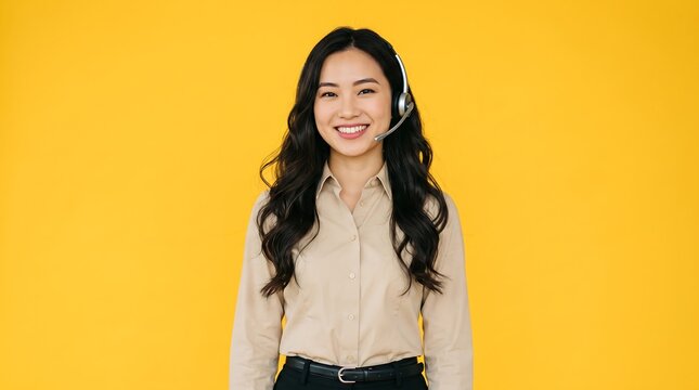 Smiling Asian help desk operator with headset against yellow background. Concept for customer service, online support and call center
